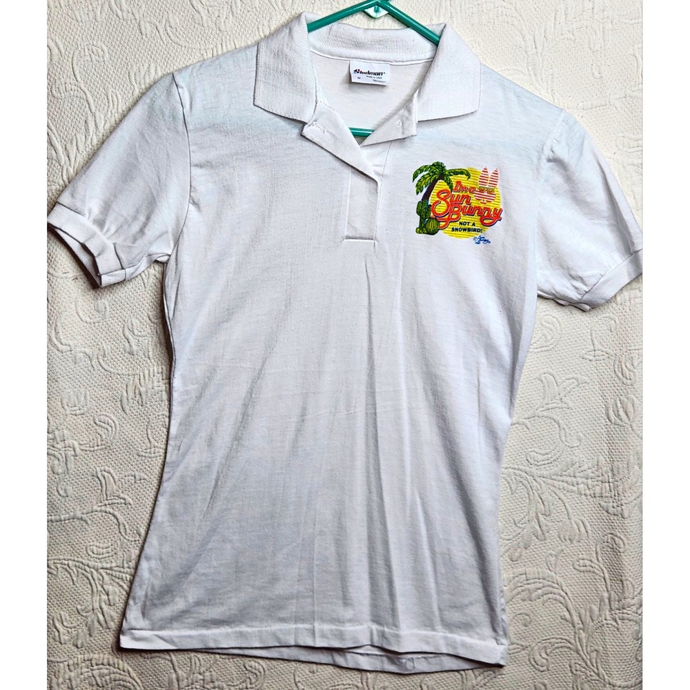 VintageSteadman Medium White Short Sleeve Collared Knit Polo Surf Bunny Graphic